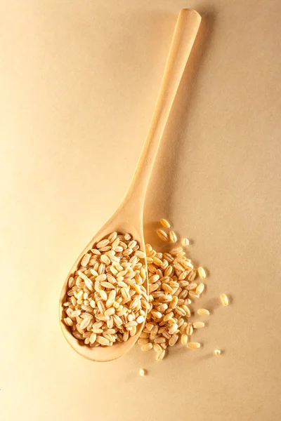 Pearl barley and wooden spoon — Stock Photo, Image