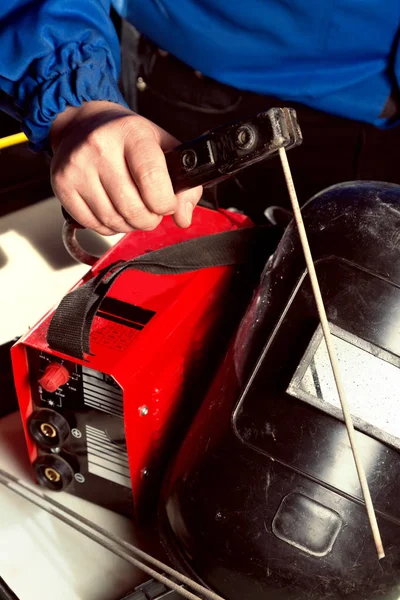 Welding unit with helmet shield — Stock Photo, Image