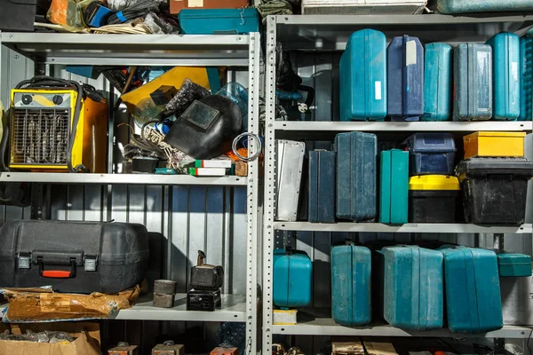 Boxes of tools in garage — Stock Photo, Image
