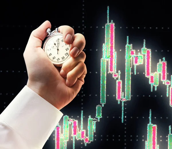 Candlestick chart and stopwatch in male hand — Stock Photo, Image
