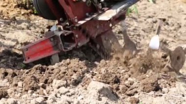 Yavaş çekimde bir motoblock ile toprak çiftçilik