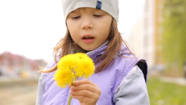 Κοριτσάκι μυρίζοντας τα κίτρινα λουλούδια — Αρχείο Βίντεο