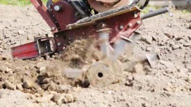 Yavaş çekimde bir motoblock ile toprak çiftçilik