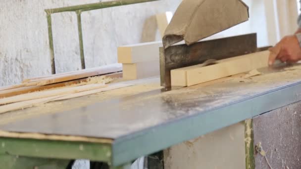 Розпилювання дерев'яного квадратного променя на циркулярній пилці — стокове відео