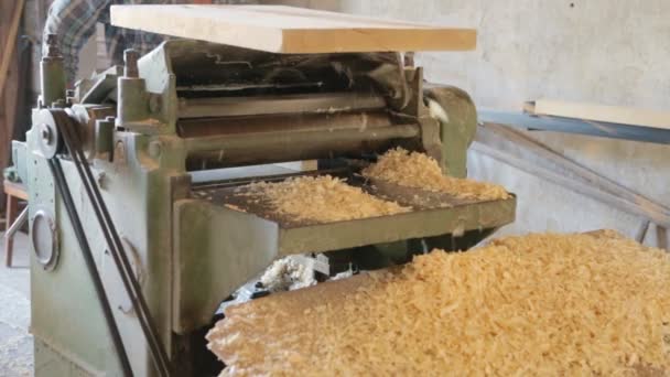 Sacando la viga cuadrada de madera en la máquina — Vídeo de stock