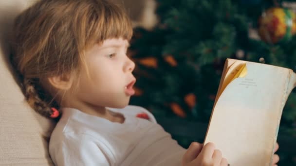 Klein Meisje Het Lezen Van Een Boek Voor Kerstboom — Stockvideo