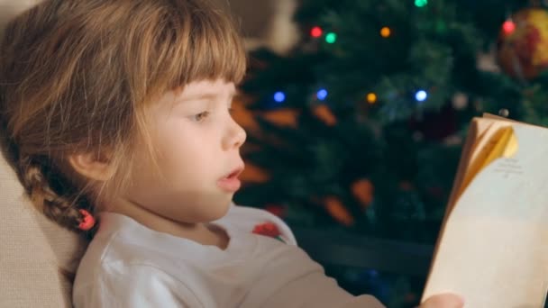 Menina Pequena Lendo Livro Frente Árvore Natal — Vídeo de Stock