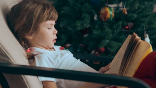 Kleines Mädchen Liest Ein Buch Vor Dem Weihnachtsbaum — Stockvideo