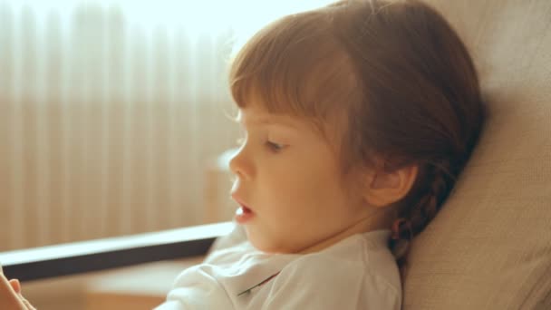 Kleines Mädchen Liest Ein Buch Sessel — Stockvideo