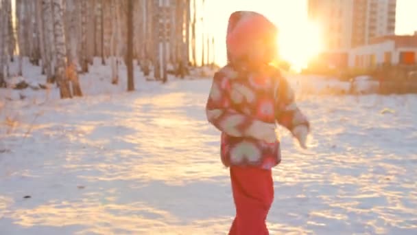 Piccola Ragazza Che Cammina Lungo Foresta Verso Tramonto Invernale — Video Stock