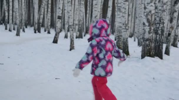 小女孩在冬天森林里跳舞和奔跑 — 图库视频影像