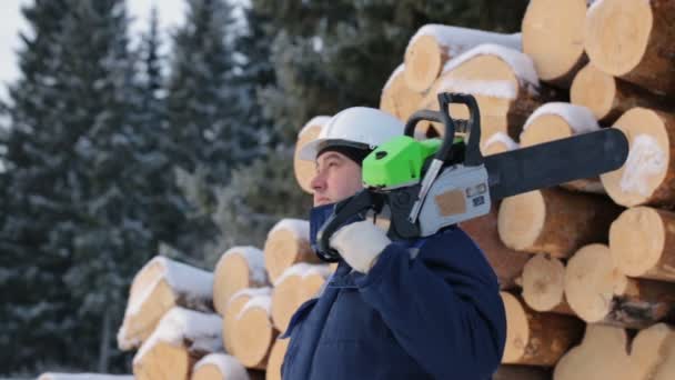 Arbeiter Mit Kettensäge Gegen Holzstapel — Stockvideo