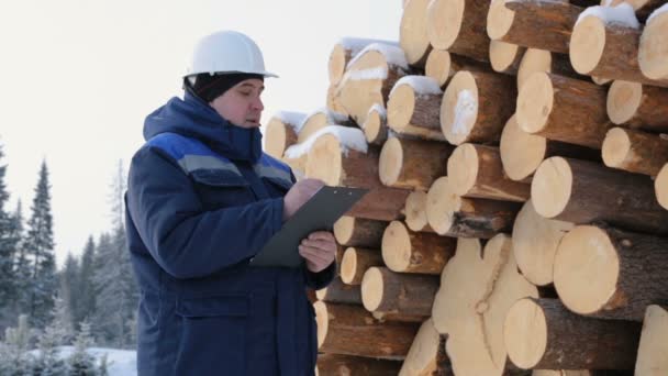 Працівник Планшетом Проти Купи Колод — стокове відео