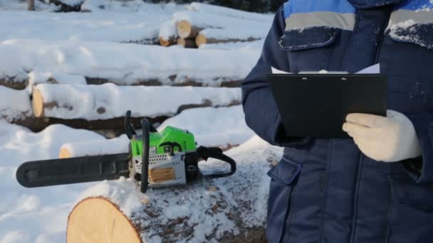 Εργαζόμενος Tablet Κοντά Στο Σωρό Των Κορμών Στο Δάσος — Αρχείο Βίντεο
