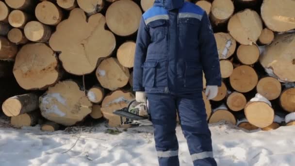 Arbeiter Mit Kettensäge Gegen Holzstapel — Stockvideo