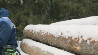 İşçi ile büyük kış orman günlüklerinde yığını tablet bilgisayarda