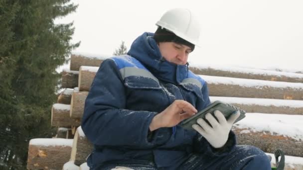 Trabalhador Com Computador Tablet Grande Pilha Toras Floresta Inverno — Vídeo de Stock