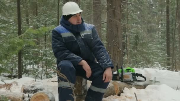 Lavoratore Che Riposa Sul Tronco Nella Foresta Invernale — Video Stock