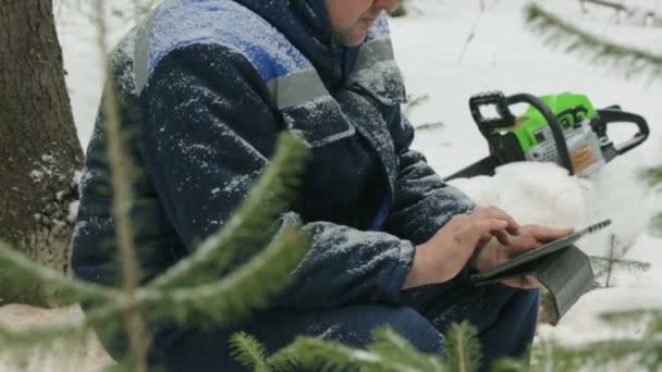 Работник Планшетным Компьютером Работает Зимнем Лесу — стоковое видео