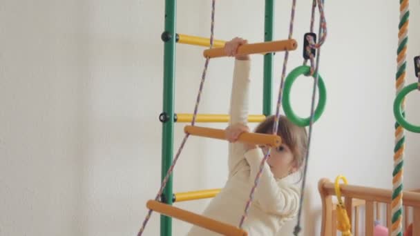 Kleines Mädchen Klettert Auf Sprossenwand — Stockvideo
