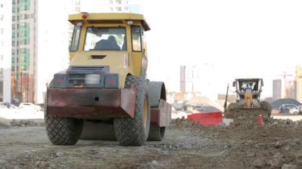 Trabajos Rodillos Carretera Obras Construcción — Vídeos de Stock