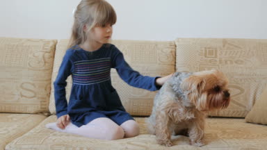 Küçük kız okşayarak köpek kanepede