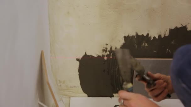 Εργαζόμενος βάζοντας κόλλα πλακιδίων στον τοίχο — Αρχείο Βίντεο