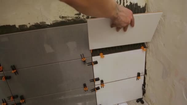 Trabajador colocación de azulejos en la pared — Vídeo de stock