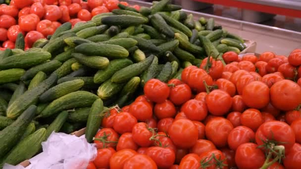 Tomate fresco y pepinos en el supermercado — Vídeo de stock