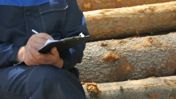 Arbeiter mit Unterlage sitzt auf Holzstapel — Stockvideo