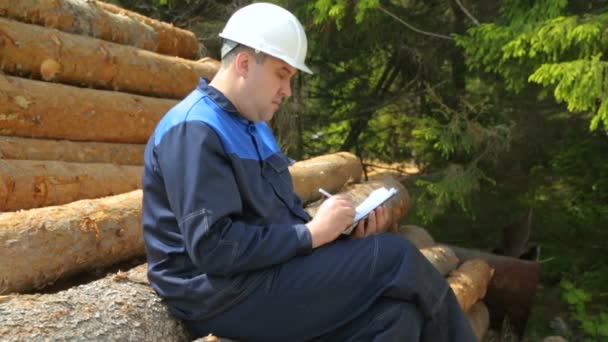 Trabajador con almohadilla sentado en un montón de troncos — Vídeos de Stock