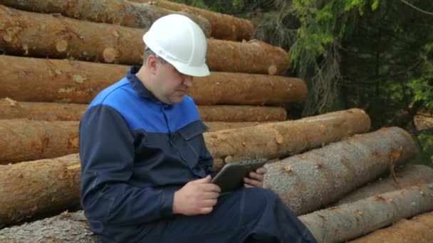 Worker with tablet PC sitting on pile of logs — Stock Video