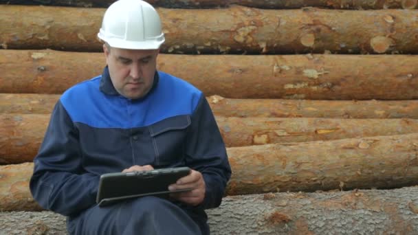 Trabajador con tablet PC sentado en un montón de troncos — Vídeo de stock