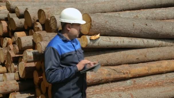 Trabajador con tablet PC contra montón de troncos — Vídeos de Stock