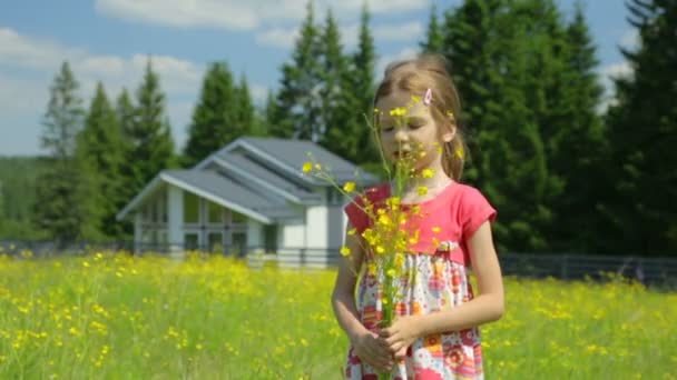 Kleines Mädchen mit gelben Blumen auf der Wiese — Stockvideo