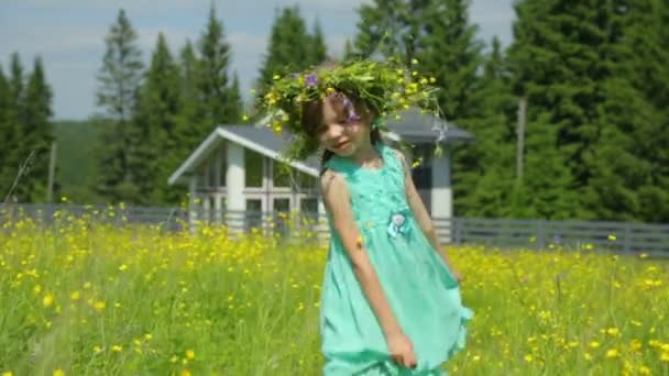 Kleines Mädchen mit Kranz auf Wiese — Stockvideo