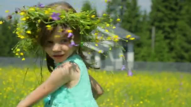 草地上戴着花环的小女孩 — 图库视频影像