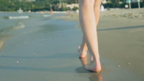 Vrouw wandelen langs de kust in de zomer dag — Stockvideo