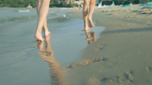 Vrouw met dochter wandelen langs de kust in de zomer dag — Stockvideo