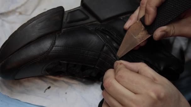 Schoenmaker reparatie schoen in zijn werkplaats — Stockvideo