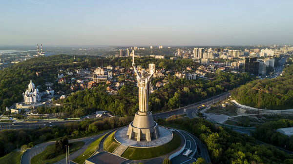 Aerial view of Mother Motherland statue in Kyiv, Ukraine