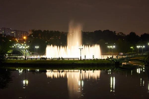 View Musical Multicolored Fountain Water Show Tsaritsyno Park Night Moscow — Stock Photo, Image