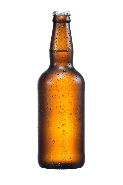500ml brown beer beer bottle with drops isolated without shadow on a white background.