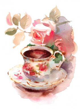 Suluboya Vintage porselen çay fincanı ve bahçe gül çiçek çiçek el illüstrasyon boyalı