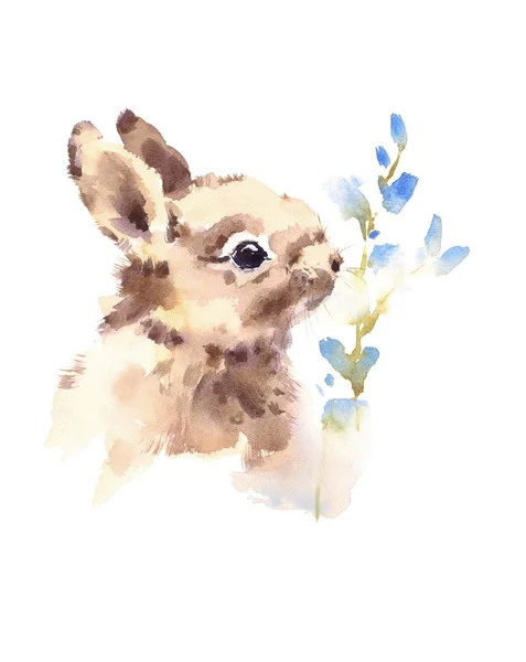 Carino Baby Bunny Rabbit profumato fiori blu Acquerello disegnato a mano animale domestico estate illustrazione isolato su sfondo bianco — Foto Stock