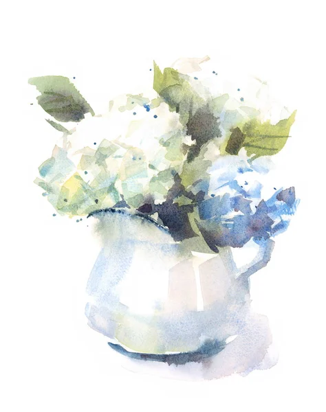 Aquarel Hydrangea bloemen boeket in een vaas bloemen achtergrond textuur Hand geschilderd illustratie geïsoleerd op witte achtergrond — Stockfoto