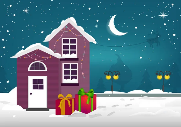 Joyeux Noël et bonne année, ville en hiver. Illustrations avec maison d'hiver urbaine et paysage de ville.Vecteur — Image vectorielle