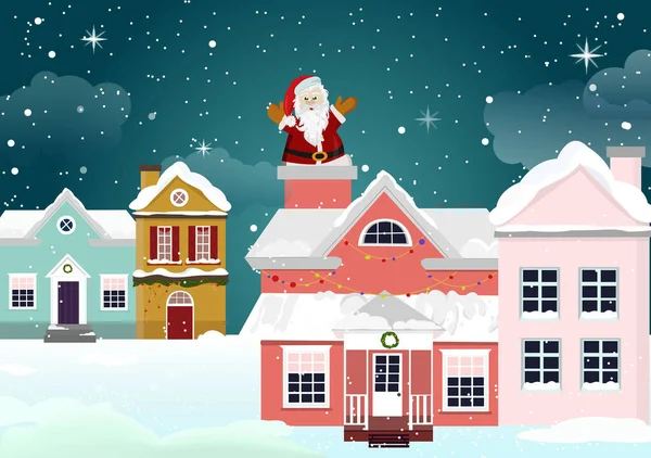 Paysage urbain hivernal avec le Père Noël — Image vectorielle