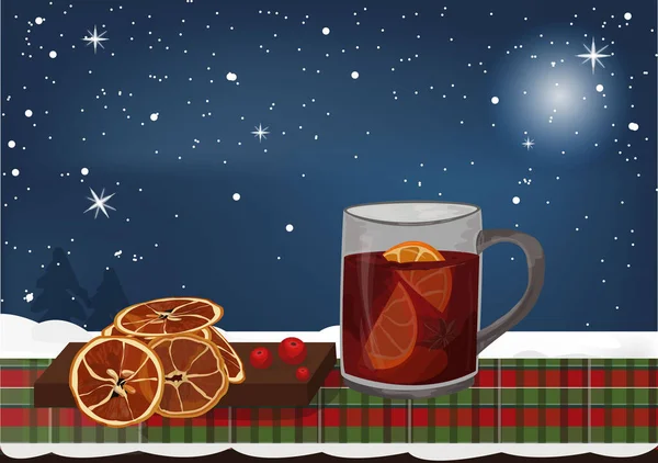 Χριστουγεννιάτικο ζεστό κρασί στο τραπέζι με homes atmospher — Διανυσματικό Αρχείο