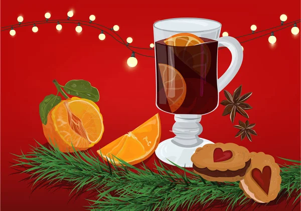 Set van glühwein, fruit en specerijen, — Stockvector